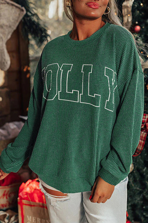 Corded Rib Outline MERRY Letter Drop Shoulder Crewneck Long Sleeve Top